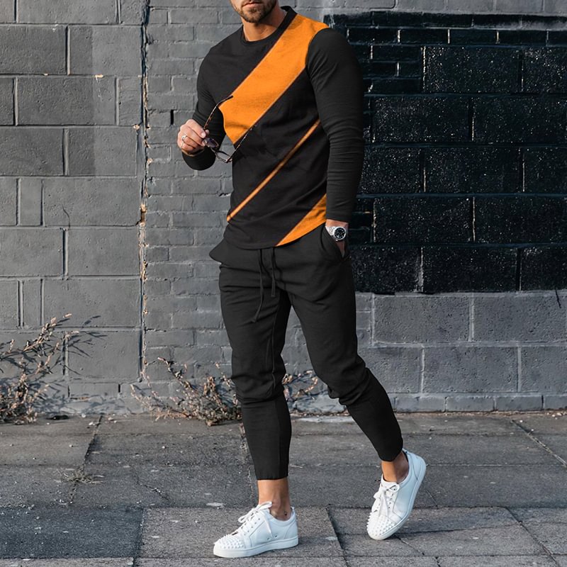 Men'S Line Casual Long Sleeve T-Shirt And Pants Co-Ord