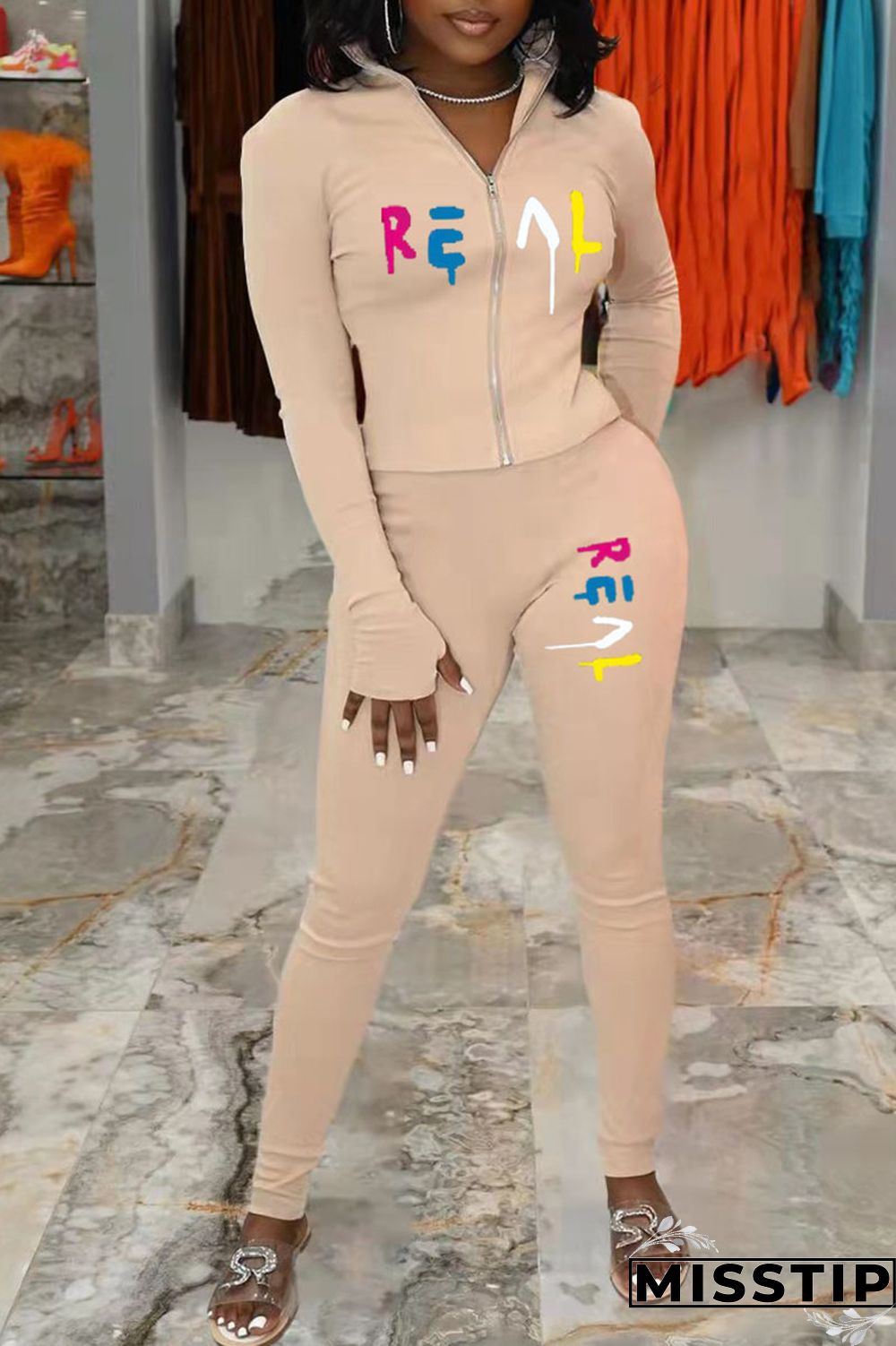 Apricot Casual Print Patchwork Zipper Collar Long Sleeve Two Pieces