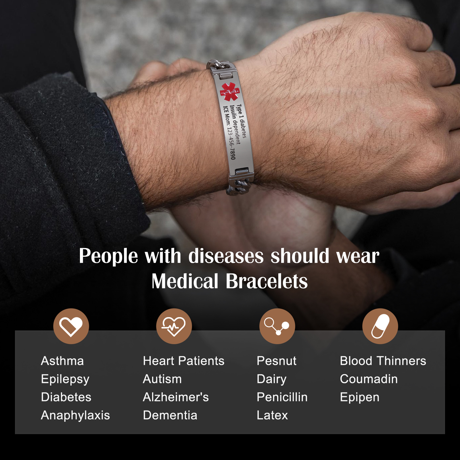 Personalized Medical Alert Bracelet ID Wristbands Stainless Steel Emergency Black Bracelet