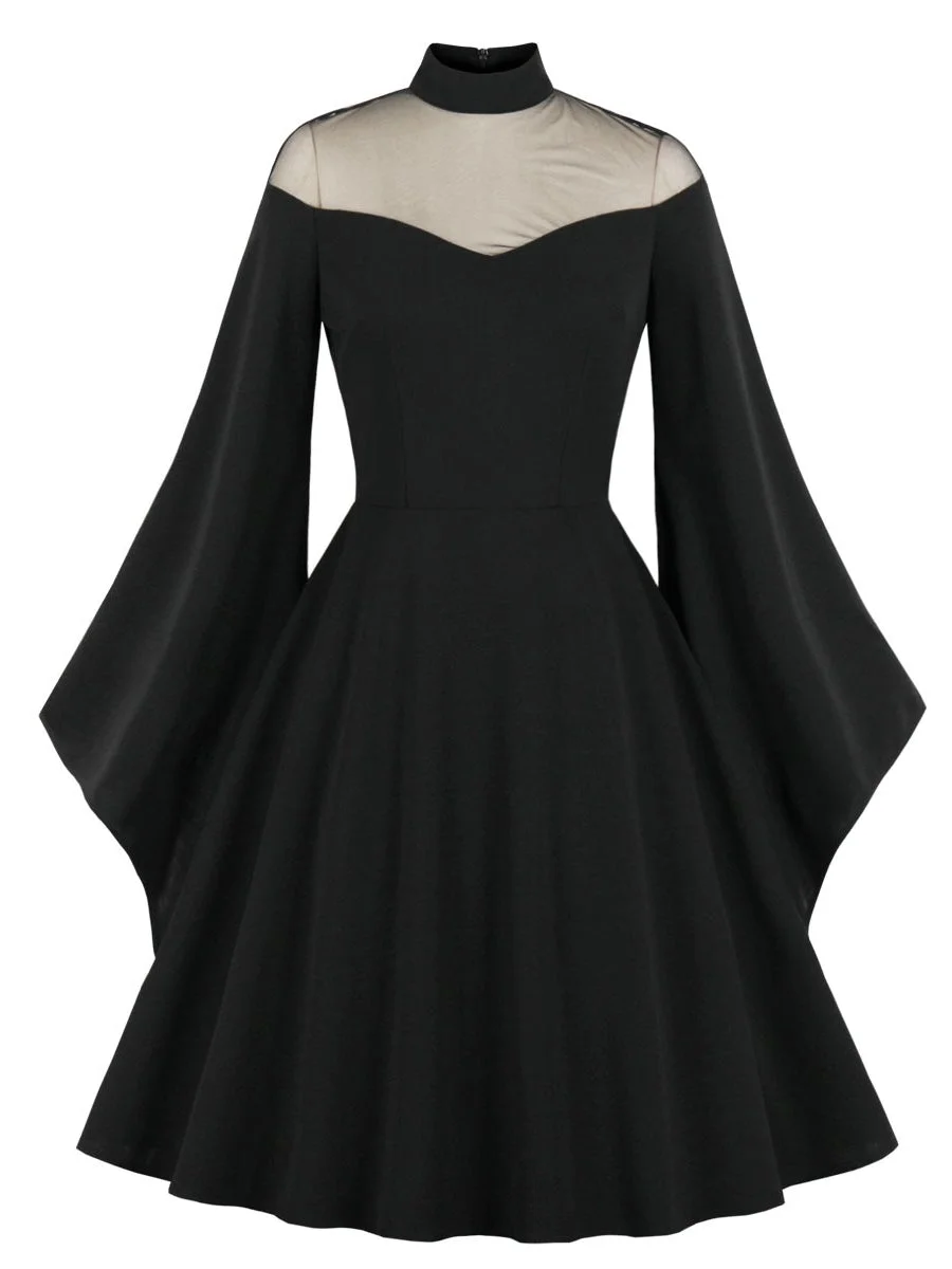 Halloween Dress Black Queen Mesh Bell Sleeve Patchwork Swing Dresses