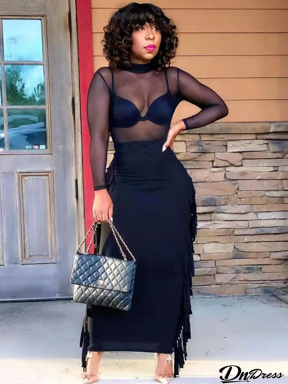 Women'S Sexy High Neck Long Sleeve Mesh Top Fringe Skirt Plus Size Two Piece Set