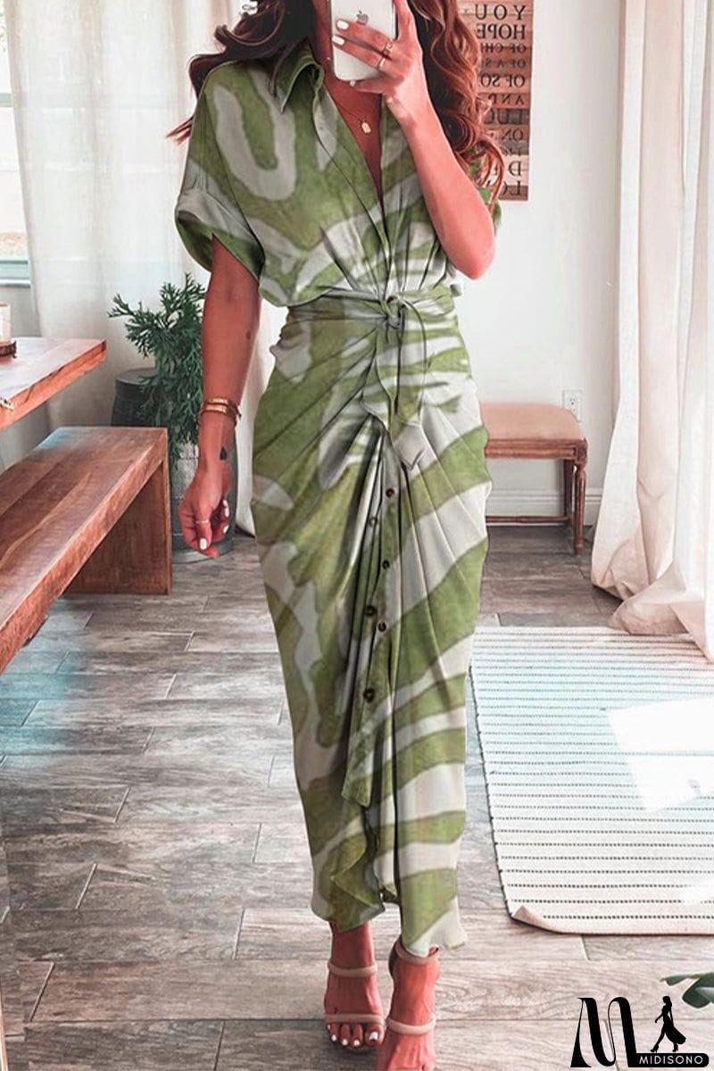MidiSono - Casual Print Patchwork Turndown Collar Shirt Dress Short Sleeve Dress