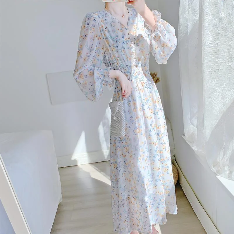 Jangj Summer New Fashion V-neck Chiffon Floral Dress Long Sleeve Sweet High-waist A-line Dress Women's Korean Elegant Dress