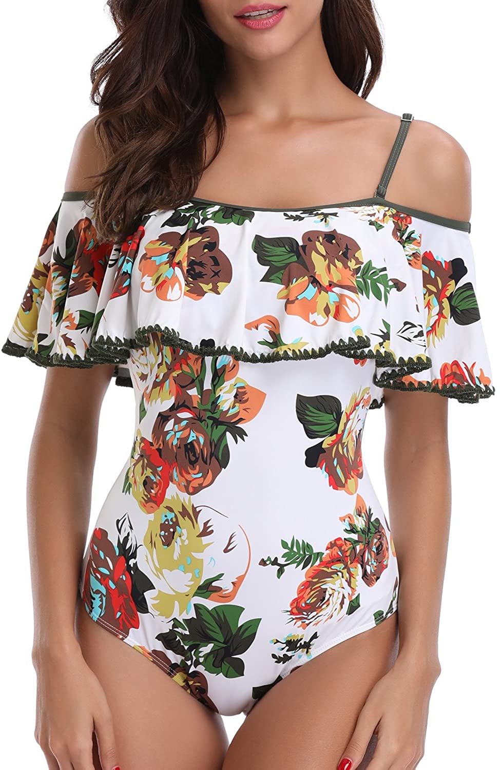 Vintage Off Shoulder Ruffled Bathing Suits Women's One Piece Swimsuit