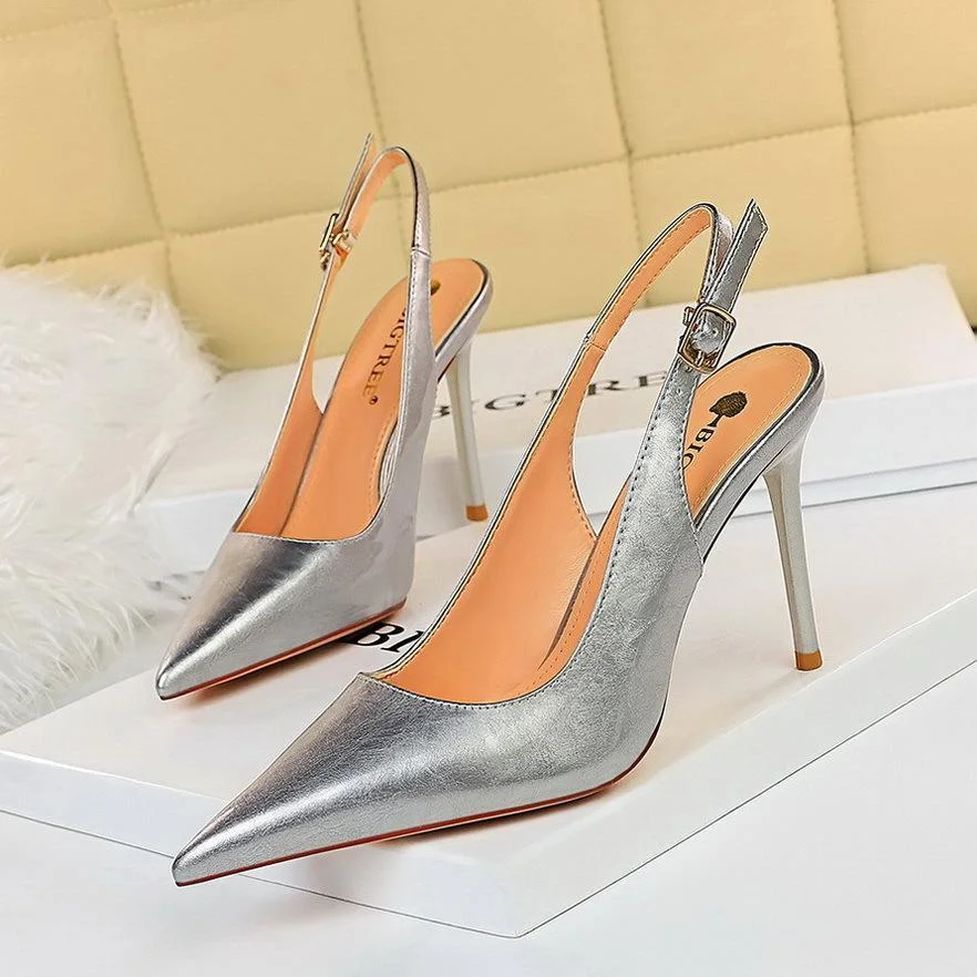 Simple stiletto shoes with shallow mouth and pointed toe hollow back strap