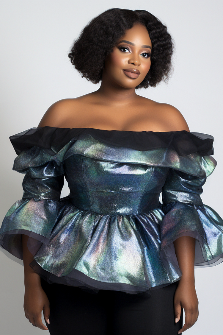 Xpluswear Design Plus Size Daily Silver Off The Shoulder Flare 3/4 Sleeve Ruffle Contrast Glitter Blouses [Pre-Order]