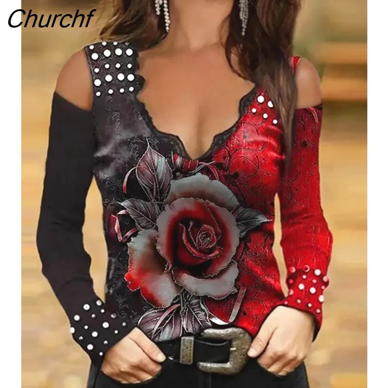 Churchf Women Cold Shoulder Blouse Fashion Floral Print Colorblock Lace Trim Beaded Top Casual Elegant Long Sleeve T-Shirt Streetwear