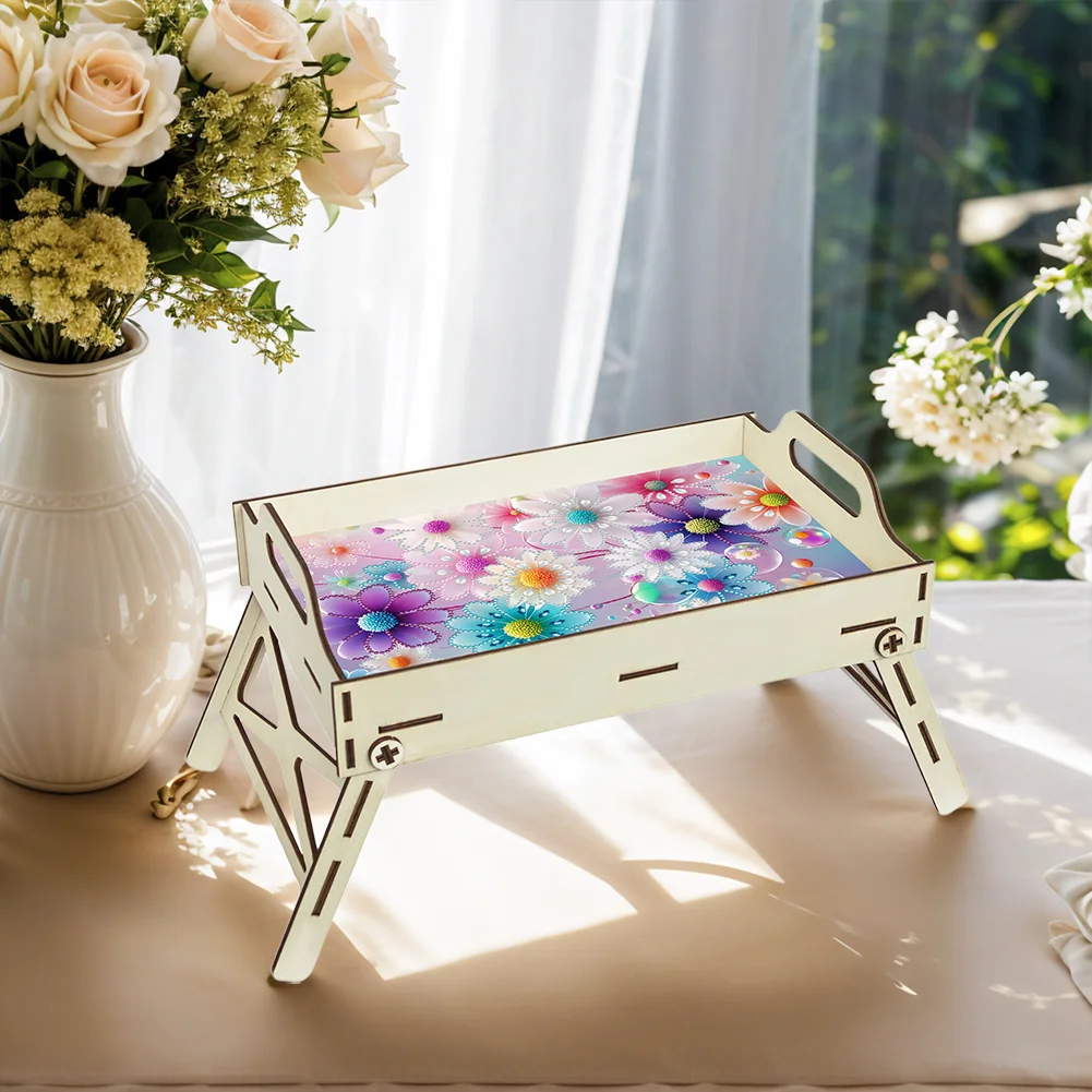 5D DIY Flower Diamond Painting Wooden Serving Tray with Handle for Home Decor