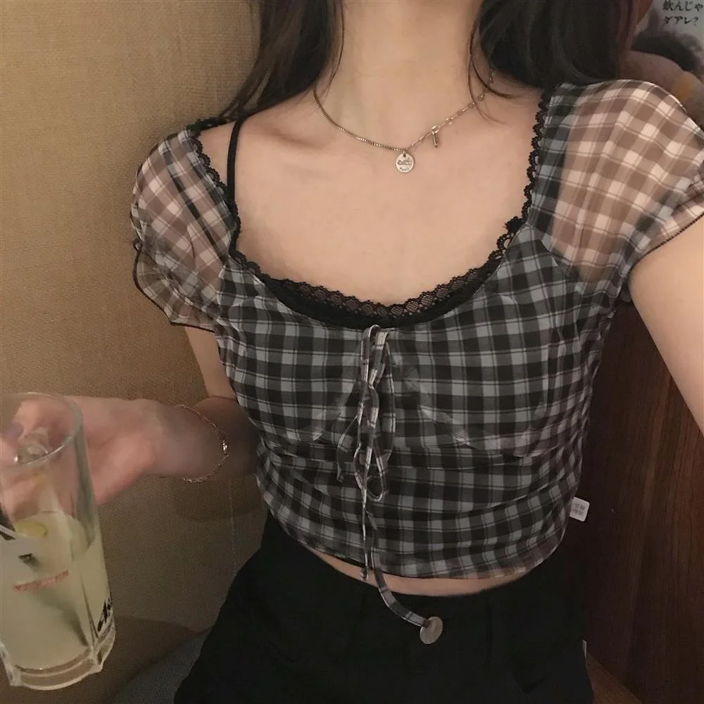 Graduation Gift Summer New Plaid Tshirts Women Retro Square Collar Shirt Casual Lace Tees Puff Sleeve Y2k Crop Tops Female Korean Fashion