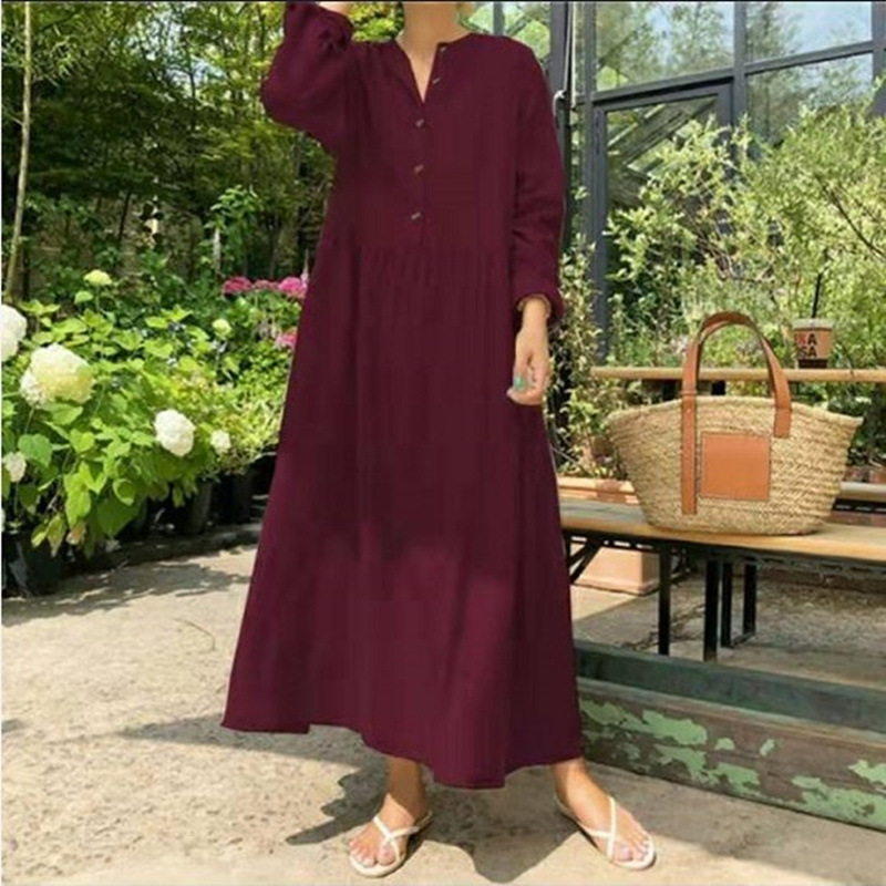 Fashion Loose Stand Collar Cotton Linen Solid Color Long Sleeve Maxi Dress