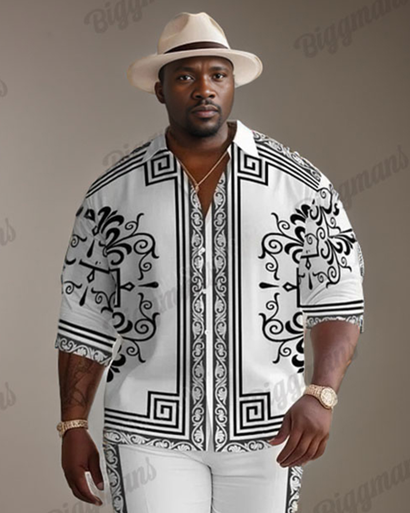 Men's Plus Size Luxury Retro White Pattern Long Sleeve Shirt Trousers Suit