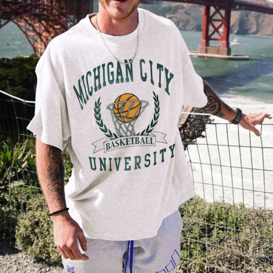 Men's Oversized Vintage NBA College Print T-Shirt、、URBENIE