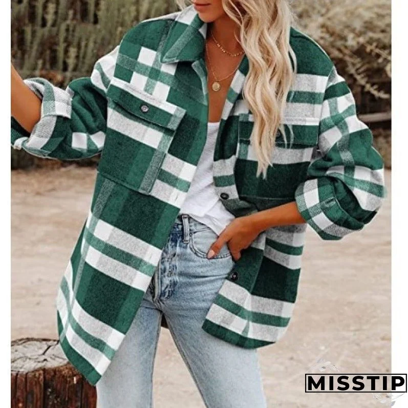 Women's Long Sleeve Loose Plaid Shirt Woolen Coats