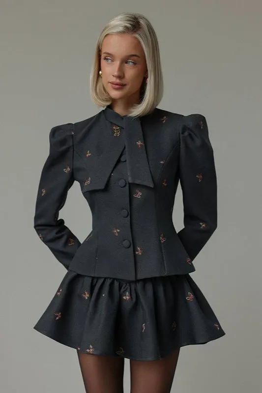 Embroidered Waist-Cinched Blazer & Mini Skirt Two Piece Set