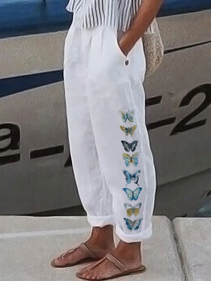 Women's Butterfly Print Cotton Linen Casual Pants