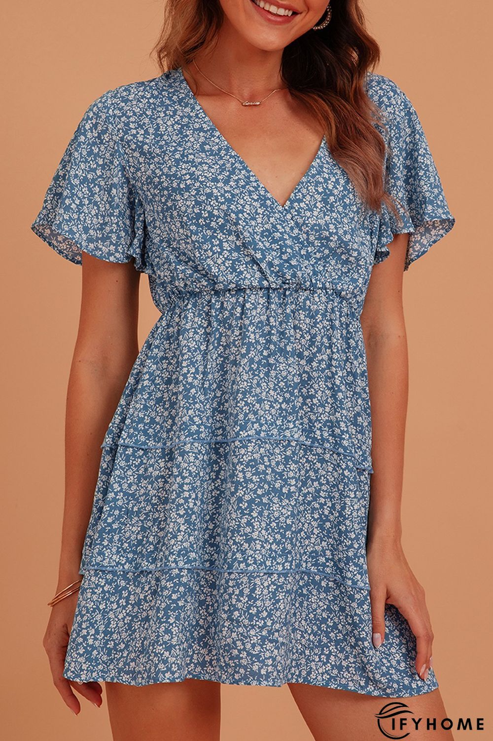 Blue Sweet V Neck Silk-Chiffon Weaving Dress | IFYHOME