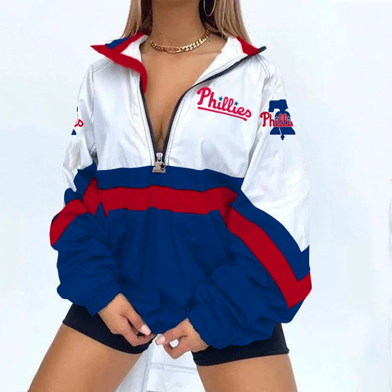Women's Support Philadelphia Phillies Baseball Print V Neck Zipper Sweatshirt Jacket