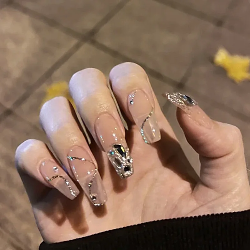 24PCS Fake Nails with Shiny Bow Diamond Design  Long Coffin Head French Style Press on Nails Wearable Full Finished Nail Patches-Nail Inspo