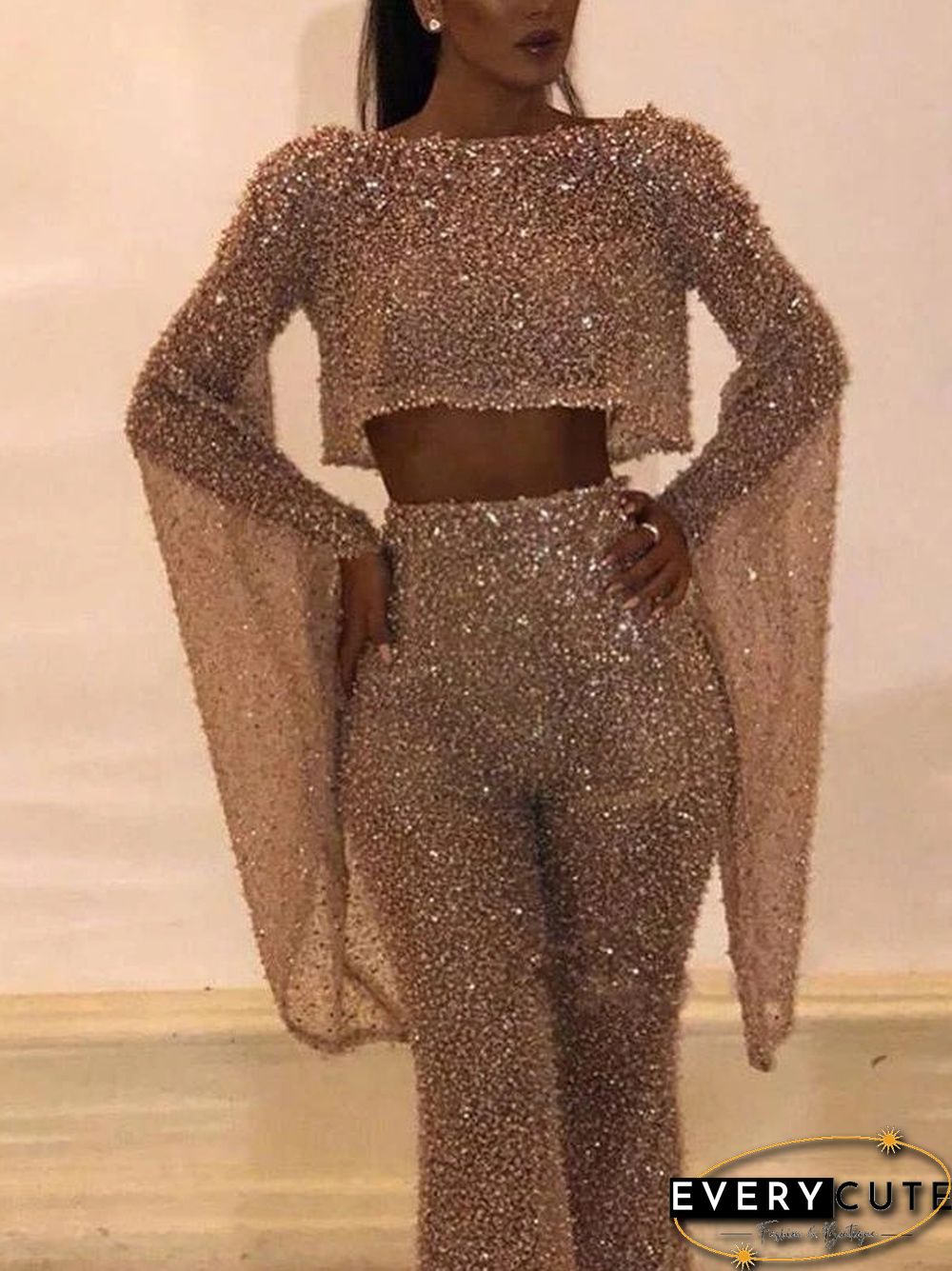 Women'S Jumpsuits Shiny Hollow Long Sleeve Open Back Jumpsuit