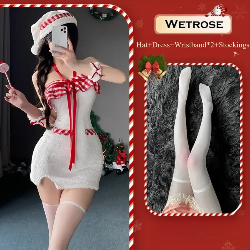 [Wetrose] In Stock Christmas Santa Fuzzy Dress with Plaid Bow Santa Hat Wrist Cuffs Holiday Party Outfit Cosplay Costume Xmas 