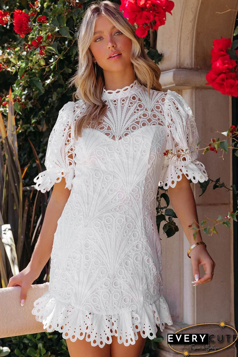 White Puff Sleeve Crochet Lace Mini Dress