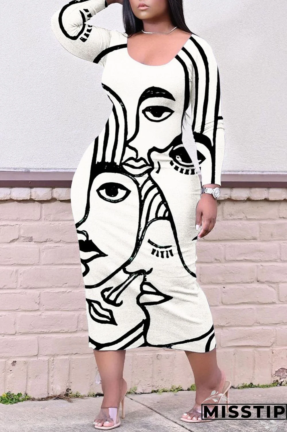 Colour Casual Print Patchwork O Neck Straight Plus Size Dresses