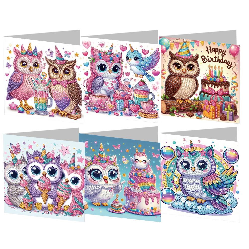 6Pcs Owl Diamond Handmade Card Diamond Painting Greeting Card for Adults