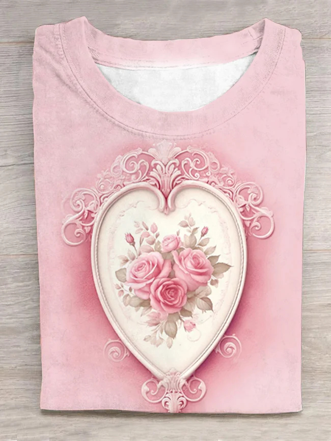 Vintage Valentine's Day Love Floral Printed Short Sleeve T-Shirt