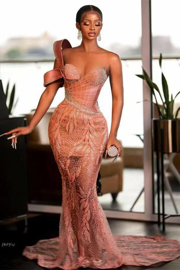 Bellasprom Pink Off-the-Shoulder Prom Dress Mermaid Long Lace Beads Bellasprom
