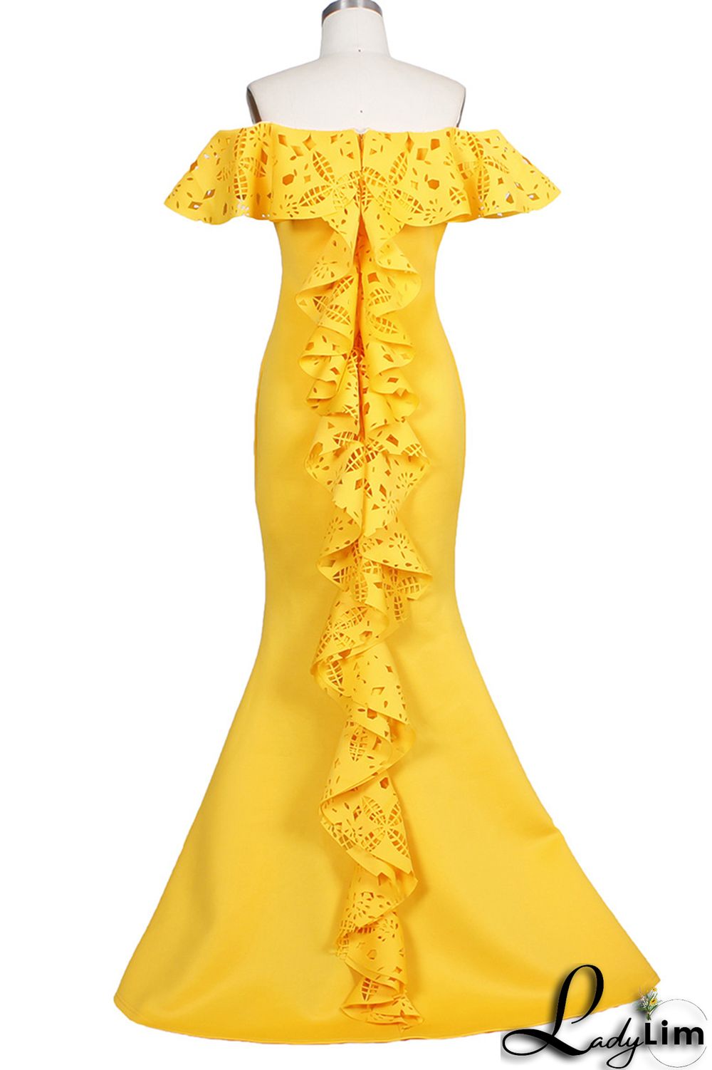 Yellow Fashion Sexy Solid Split Joint Backless Off the Shoulder Evening Dress Dresses