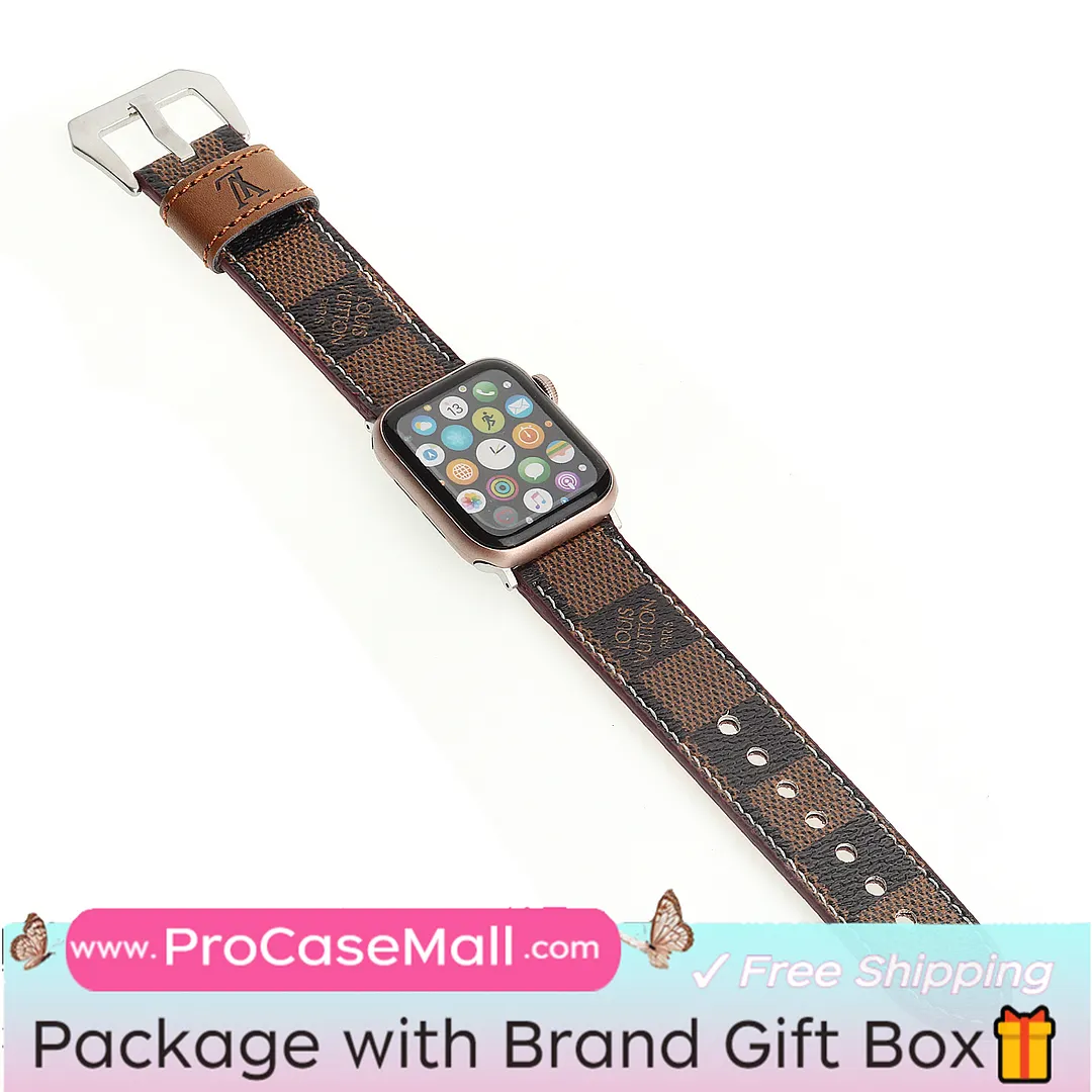 LV Genuine Leather Monogram Canvas Apple Watch Strap Checkerboard Canvas