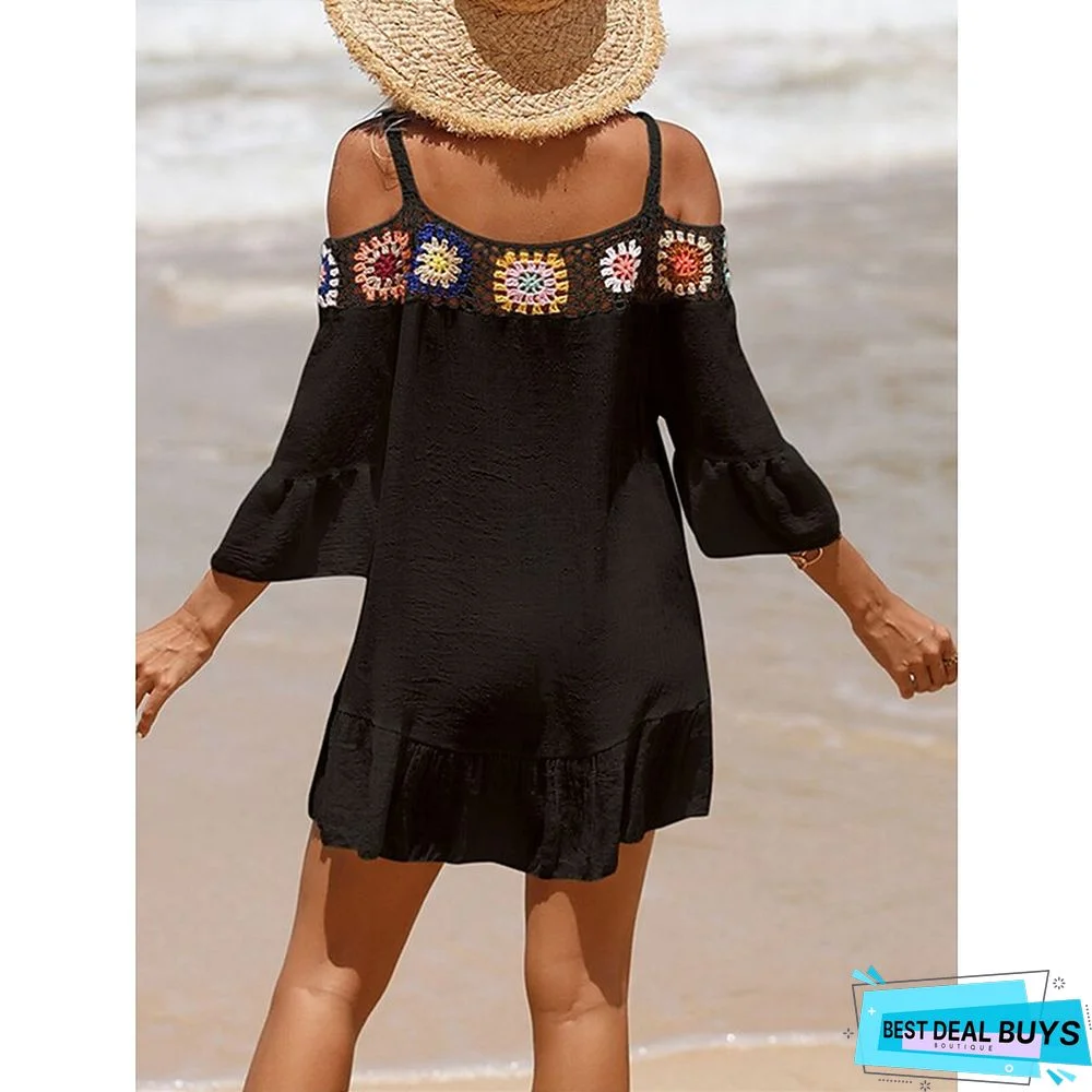 Women's Cover Up Beach Dress Beach Wear Mini Dress Ruffle Backless Ethnic Casual Floral Spaghetti Strap 3/4 Length Sleeve Loose Fit Outdoor Daily Black White 2023 Spring Summer One Size