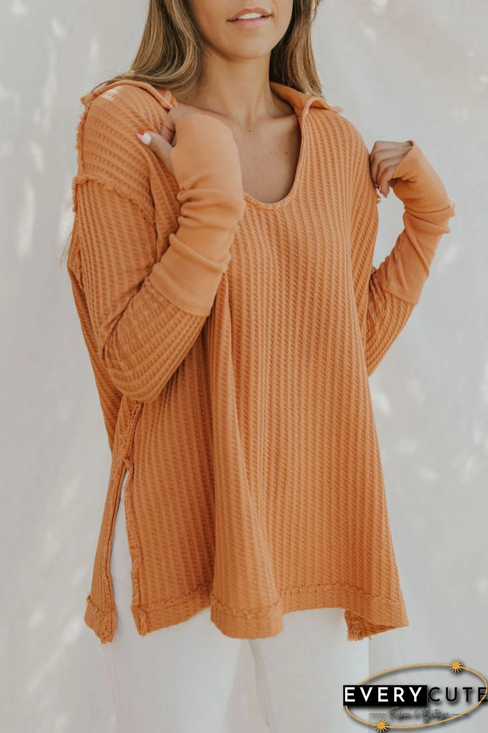 Orange Distressed Seam Trim Waffle Knit Top