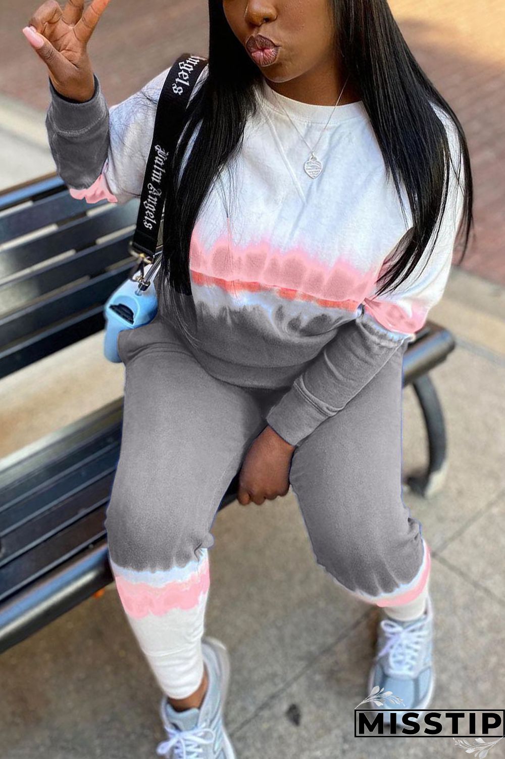 Grey Fashion Gradual Change O Neck Long Sleeve Two Pieces