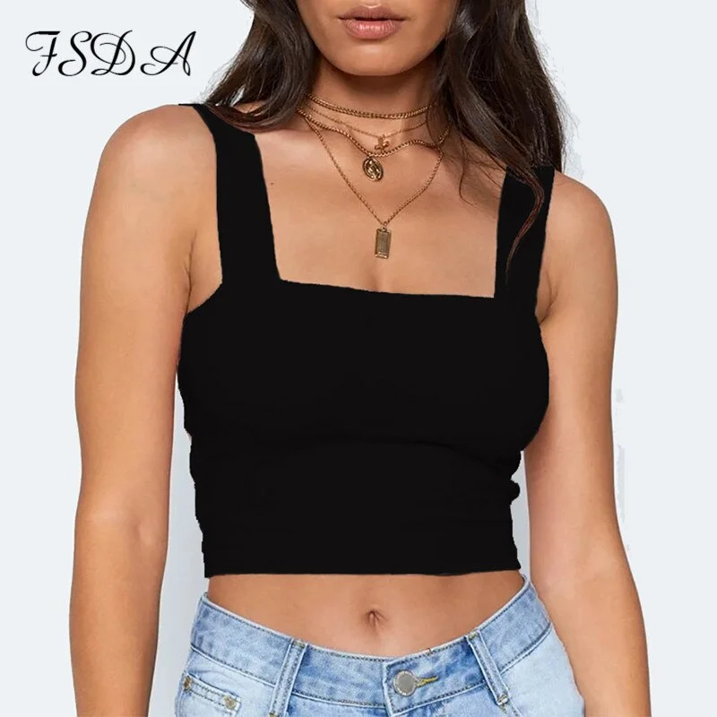 FSDA Square Neck Sleeveless Summer Crop Top White Women Black Casual Basic T Shirt Off Shoulder Cami Sexy Backless Tank Top