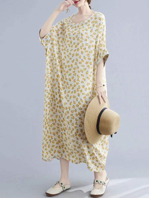 Vacation Floral Batwing Sleeves Round-Neck Midi Dress