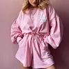Women's Printed Loose Long Sleeve Shorts Fashion Casual Sweater 2 Piece Set