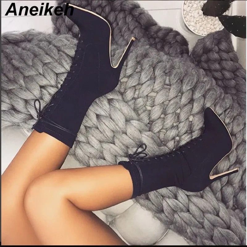 Aneikeh New Boots Women 2021 Autumn Fashion Ankle Pointed Toe Shoes Stretch Cross-Tied Lace-Up Stiletto High Heel Botas Mujer 42