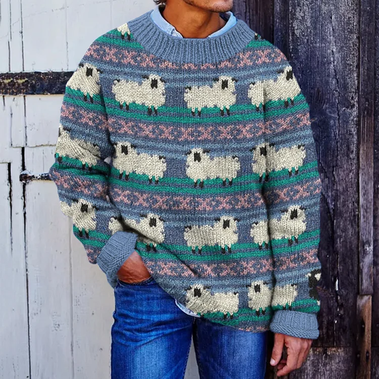 Retro Farm Sheeps Pattern Art Cozy Knit Sweater