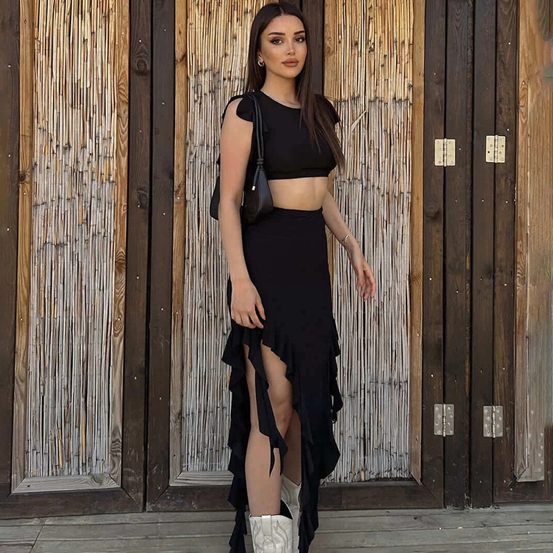Ootddress Ruffled Tassel Patchwork 2 Piece-Set For Women High Waist Long Skirt And Crop top Outfits Solid Summer Maxi Skirt Sets