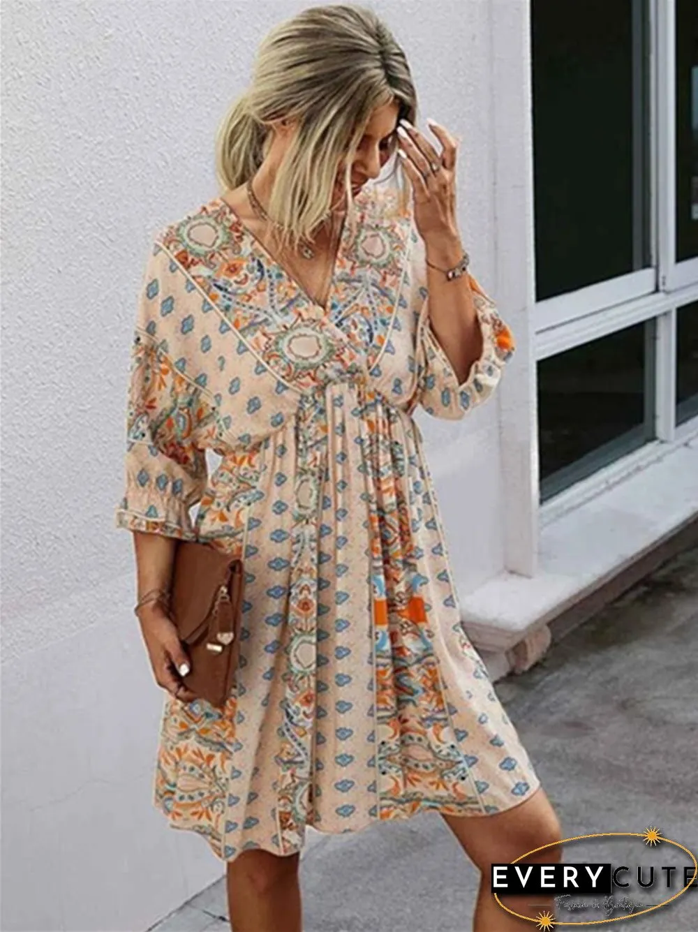 V-neck Waist Print Dress Print Dresses