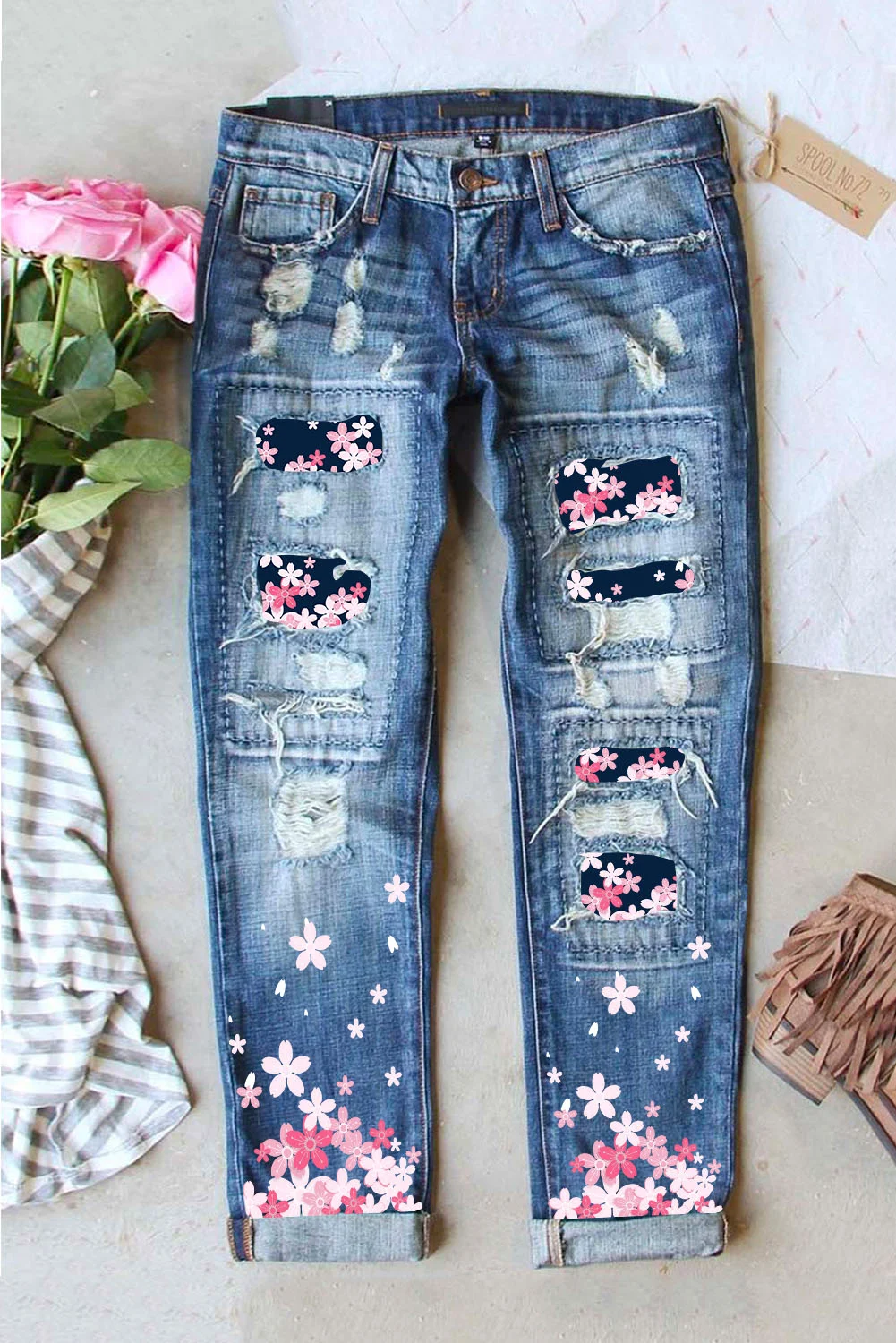 Sky Blue Cherry Blossom Pattern Splicing Mid Waist Distressed Jeans | IFYHOME