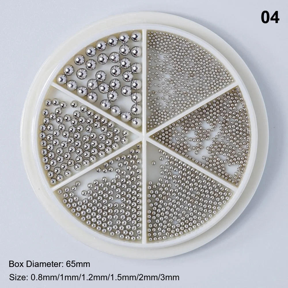 [Beautizon] 6 Grids Tiny Steel Caviar Beads 0.8-3mm Mixed Size 3D Design Rose Gold Silver Jewelry Manicure DIY Decoration