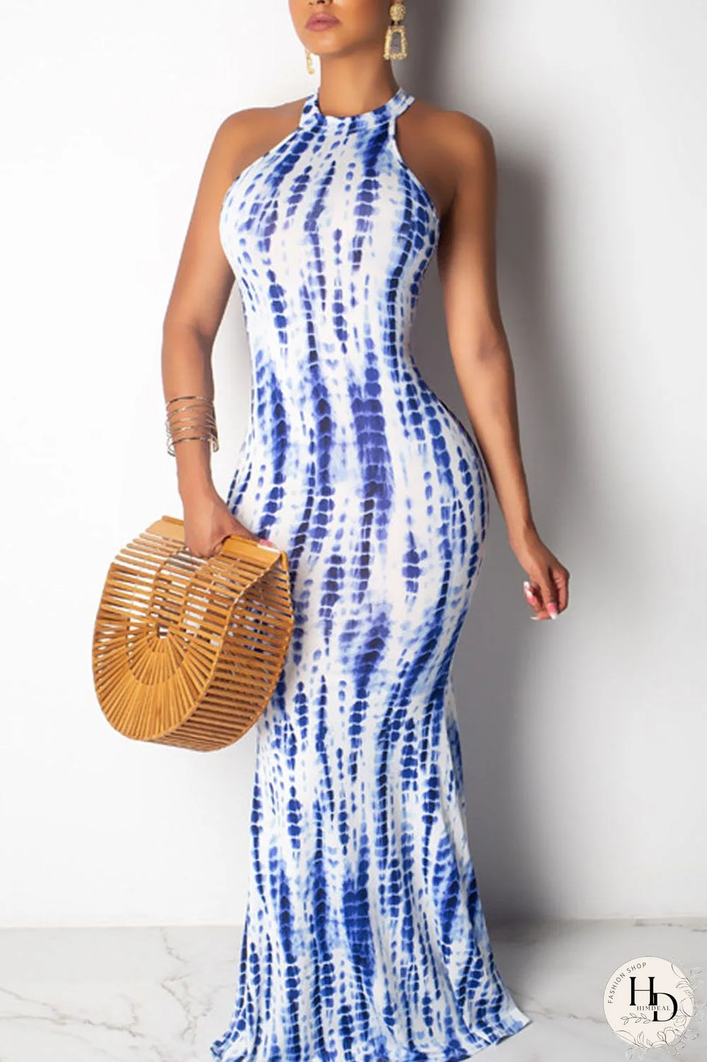 Sky Blue Sexy Print Hollowed Out Patchwork Halter Straight Dresses