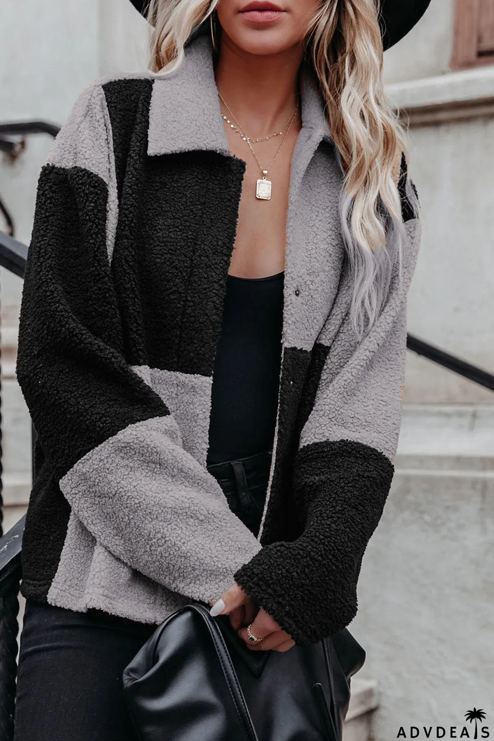 Colorblock Checkered Sherpa Jacket