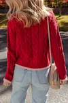 Women's Warm Red Round Neck Cable Knit Buttoned Cardigan Coat 