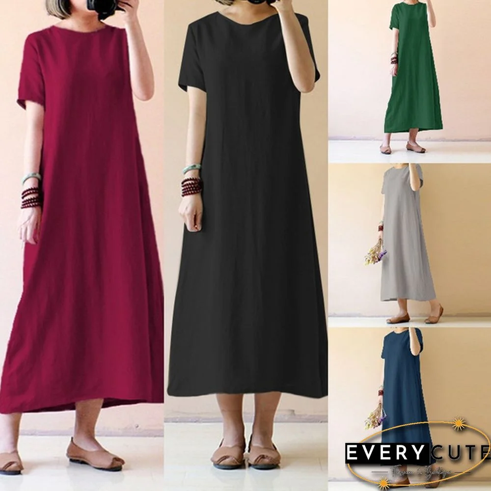 Summer Elegant Ladies Vestidos Short Sleeve Cotton Linen Maxi Dress Party Casual Loose A-line Dress Plus Size