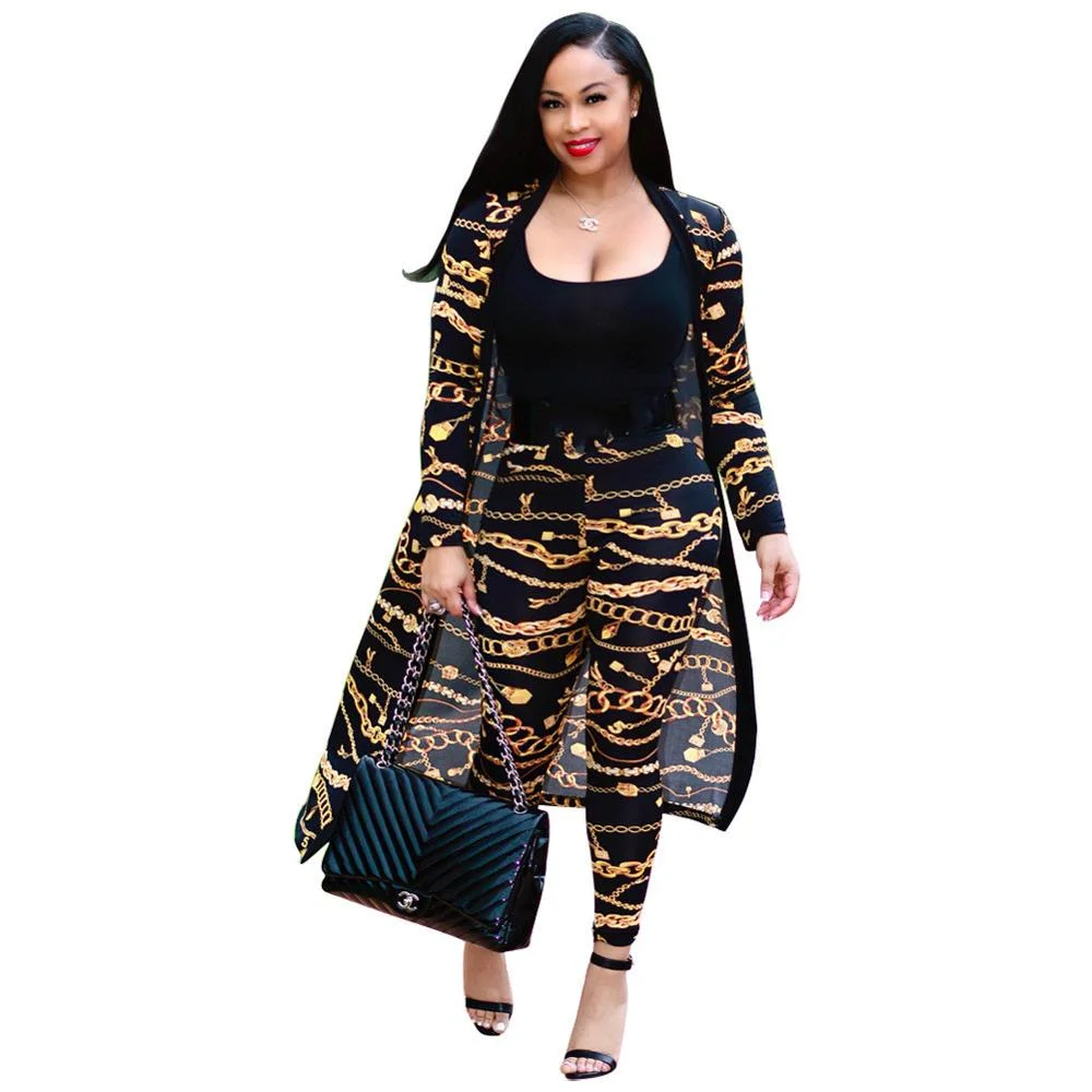Women's tracksuit fashion sexy long sleeve X-long national print trench coat skinny leggings 2 piece sets suits outfits X9041