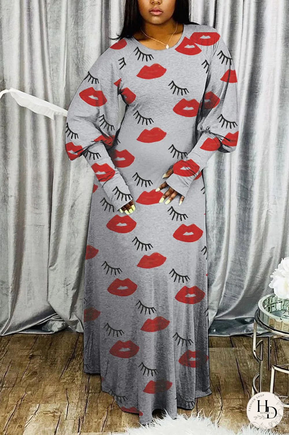 Red Sexy Long Sleeves O neck Straight Ankle-Length Print lip Dresses