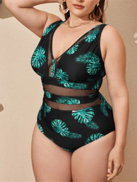 Plus Size Green Leaves Mesh Stitching Skinny One Piece Swimwear